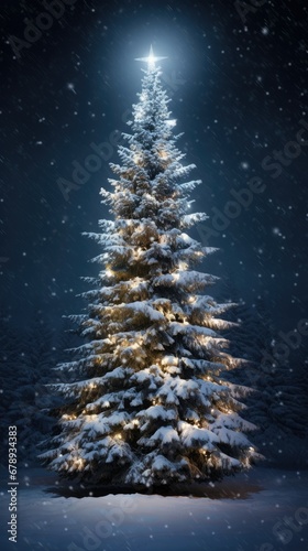 Winter Wonderland: A Celestial-Centered Evergreen Tree Adorned with Snow and Ornaments