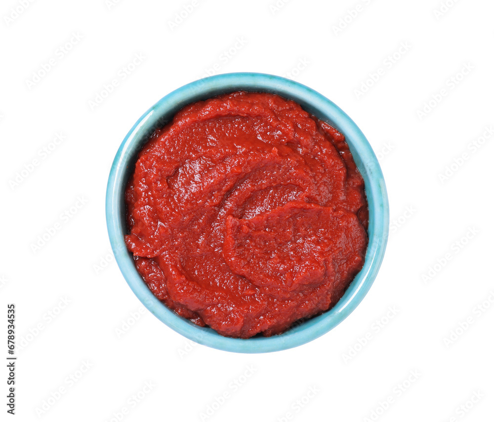 Bowl of tasty tomato paste isolated on white, top view Bowl of tasty tomato paste isolated on white, top view