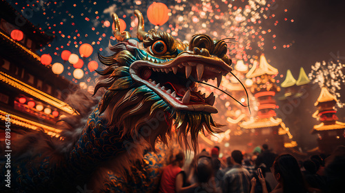 Nuevo año Chino del dragón, celebración con fuegos artificiales de fondo  photo