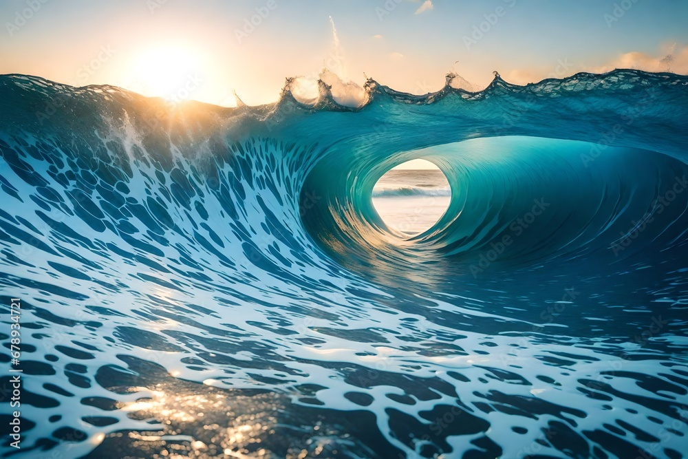 Blue Ocean Wave Crashing at Sunrise. Generative Ai- - obrazy, fototapety, plakaty 