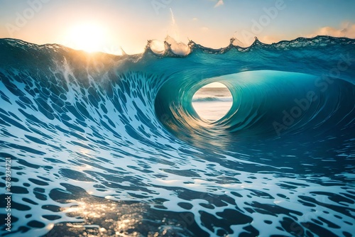 Blue Ocean Wave Crashing at Sunrise. Generative Ai-