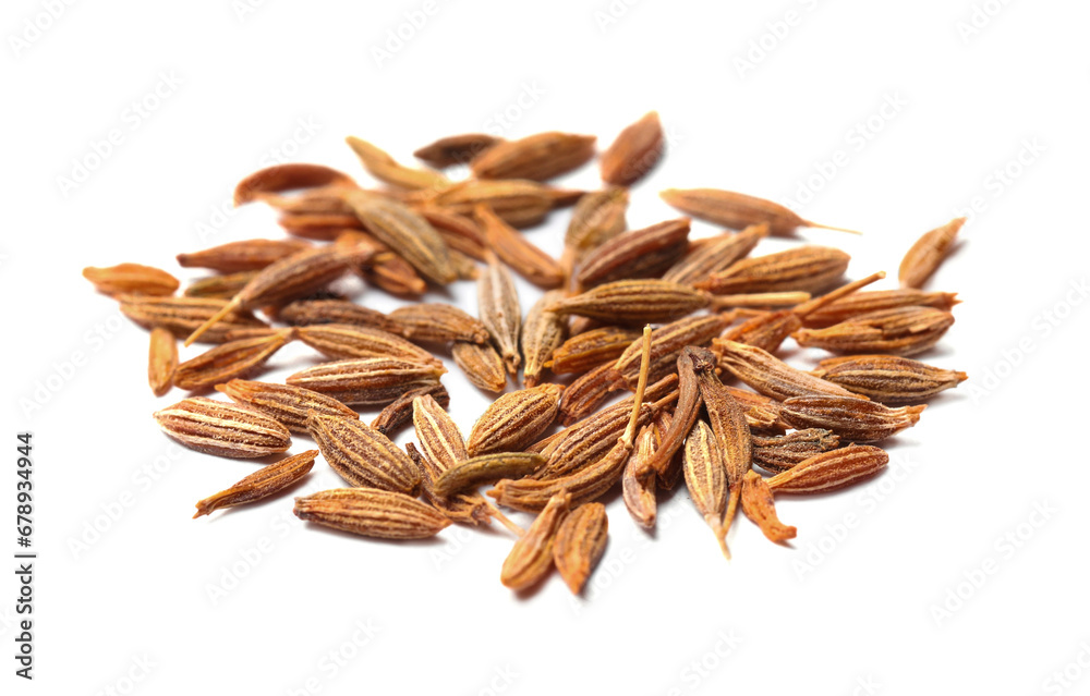 Heap of aromatic caraway (Persian cumin) seeds isolated on white