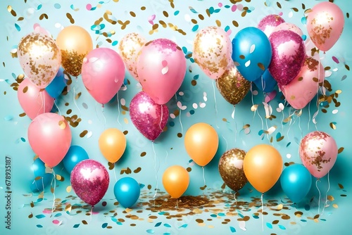 Happy birthday. Air balloons, Foil balloons, Birthday balloon, glitter confetti elements. Birthday card