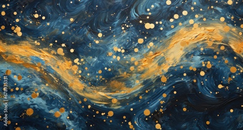 Illustration of a blue and gold abstract oil painting. Generative AI