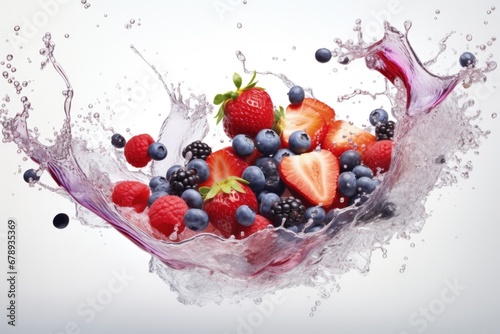 Illustration of various fruits with water splashes, white background. Generative AI