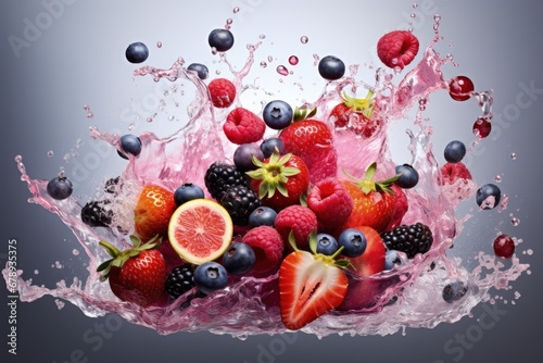 Illustration of various fruits with water splashes  white background. Generative AI