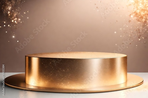 Pedestal podium with shiny particles. Beauty product promotion platform display mockup