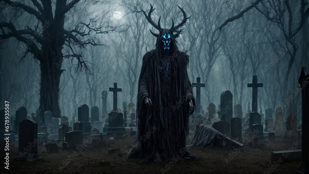 Naklejka premium evil creature at moonlit cemetery