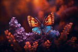 Colorful butterfly landing on flowers, bokeh background. Generative AI