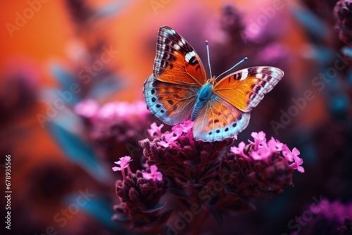 Colorful butterfly landing on flowers, bokeh background. Generative AI