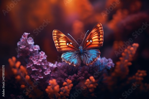 Colorful butterfly landing on flowers, bokeh background. Generative AI © Deivison