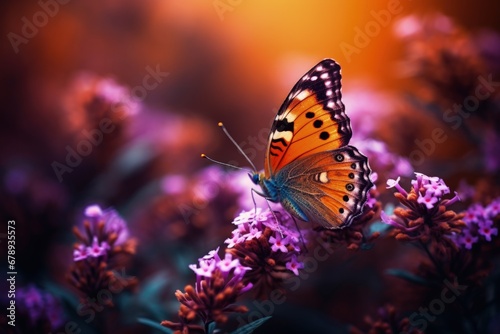 Colorful butterfly landing on flowers, bokeh background. Generative AI © Deivison