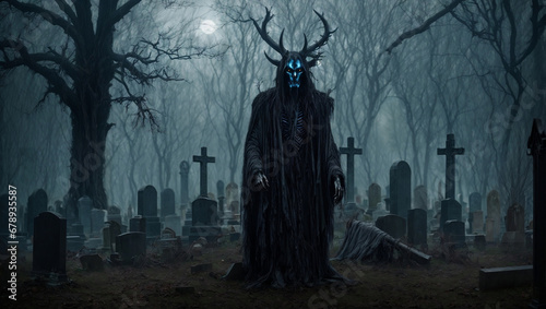 evil creature at moonlit cemetery