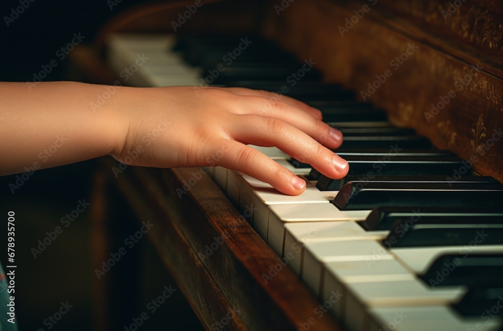 Child's hands playing the piano. Generative AI