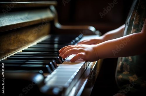 Child's hands playing the piano. Generative AI