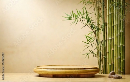 Bamboo product display podium for natural product. Empty scene with bamboo branch  created with generative ai