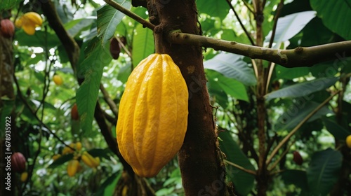 Illustration of ripe cocoa pods on cocoa tree  agriculture concept. Generative AI