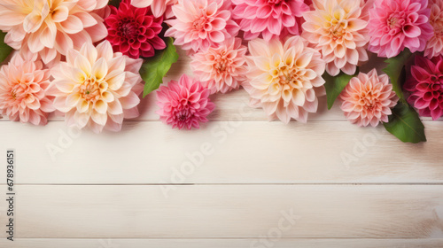 Dahlias on Wooden Background, Beautiful Flowers, Summer Floral, Copy Space. Generative AI