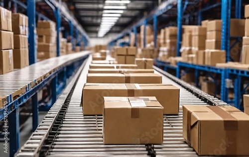 ecommerce cardboard box packages seamlessly moving along a conveyor belt in a warehouse fulfillment center, e-commerce for delivering products created with generative ai