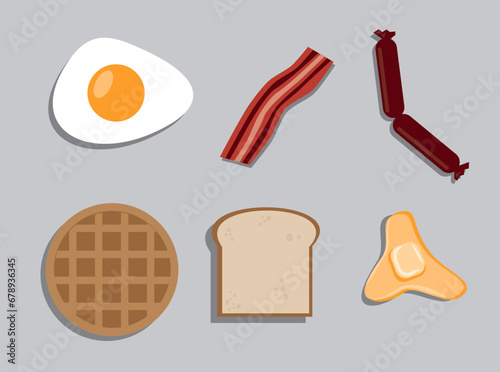 shaded vector breakfast items including egg, bacon sausage, waffle, toast , and butter 