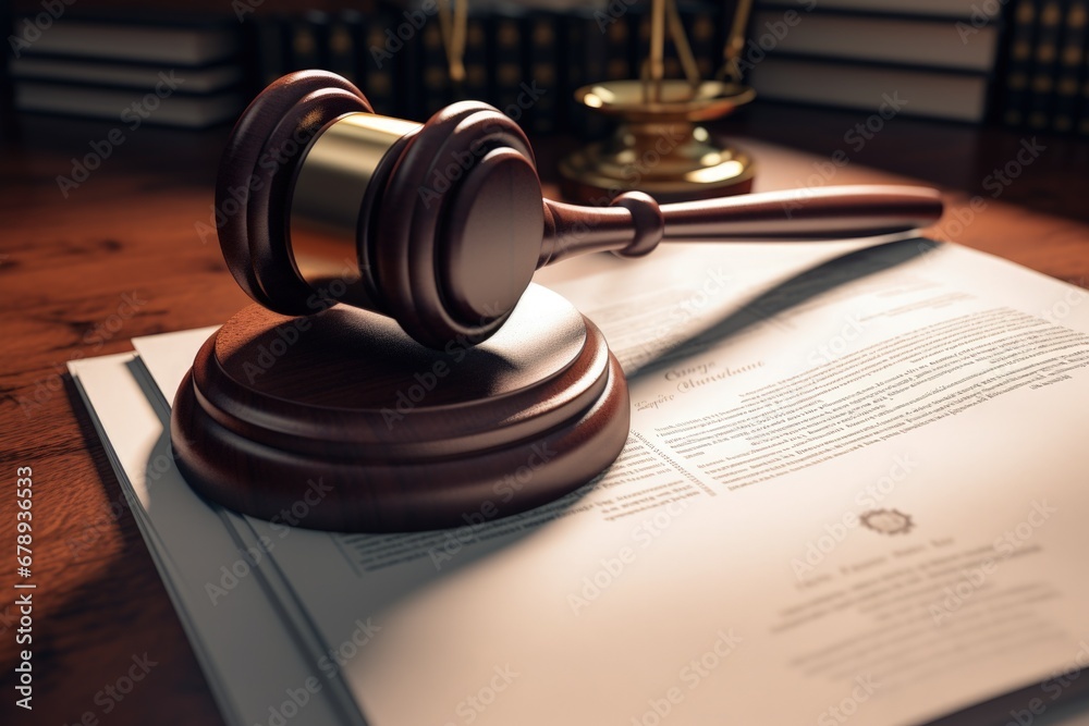 Judge gavel and documents on a wooden table, concept of justice and authority. Generative AI Judge gavel and documents on a wooden table, concept of justice and authority. Generative AI