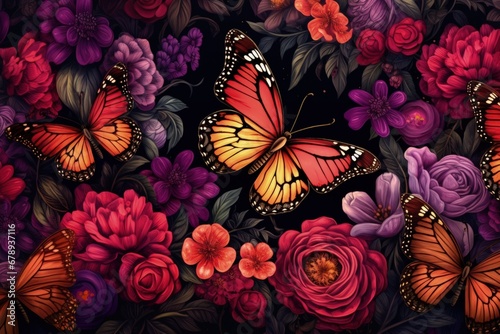 Illustration of a beautiful colorful butterfly with flowers in the background. Generative AI