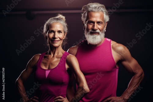 Elderly couple exercising together at the gym, healthy lifestyle. Generative AI © Deivison