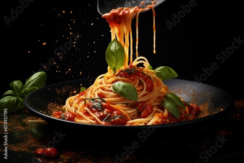 Delicious spaghetti with tomato sauce on a plate, black background. Generative AI