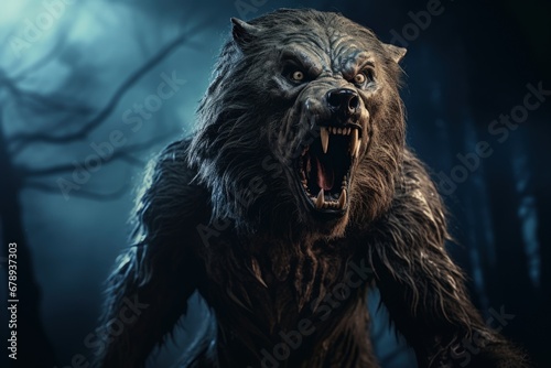 Fierce werewolf in the forest, full moon day, dark background. Generative AI © Deivison