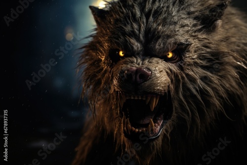 Fierce werewolf in the forest, full moon day, dark background. Generative AI