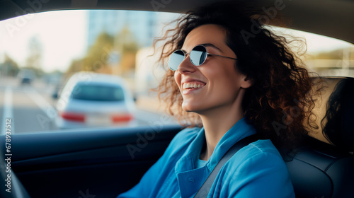 happy woman driving a car on blue monday wearing glasses