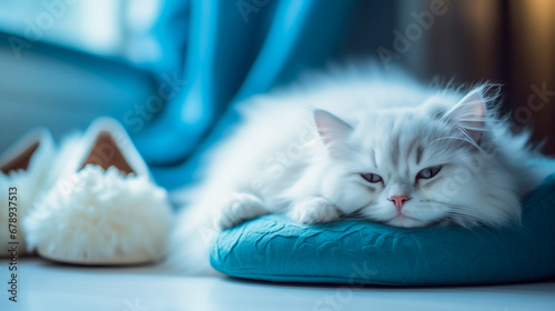 blue monday concept, white sad cat sleeping on a blue bed next to some slippers photo