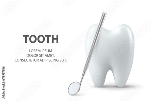 Vector 3d Realistic Tooth and Dental Mirror Closeup Isolated on White Background. Medical Dentist Banner. Design Template, Clipart, Mockup. Dentistry, Healthcare, Hygiene Concept