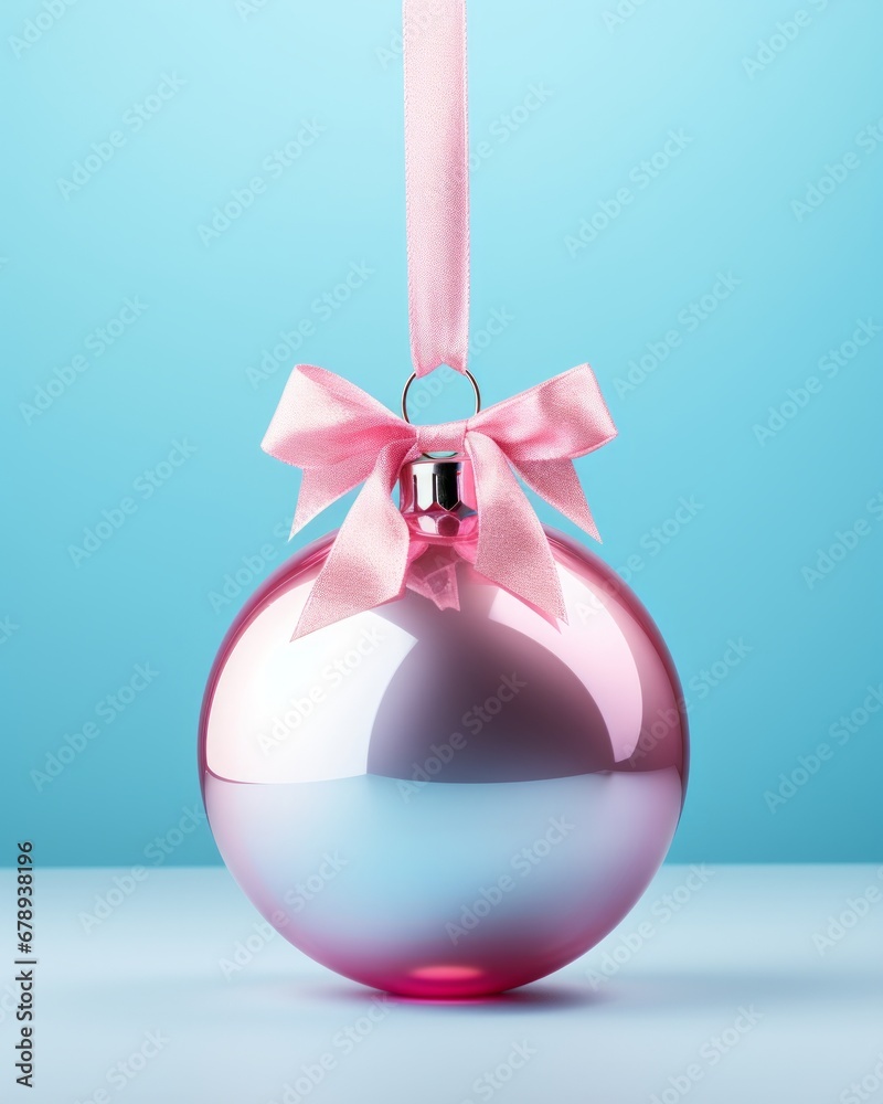 Metallic pink Christmas bauble with pink ribbon and bow on blue background. Minimal concept of Christmas celebration and New Year season. Pastel colors Metallic pink Christmas bauble with pink ribbon and bow on blue background. Minimal concept of Christmas celebration and New Year season. Pastel colors