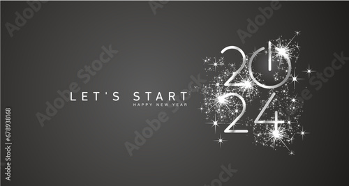 Start of Happy New Year 2024 silver white shining stars rounded typography black background banner with turn on button icon photo