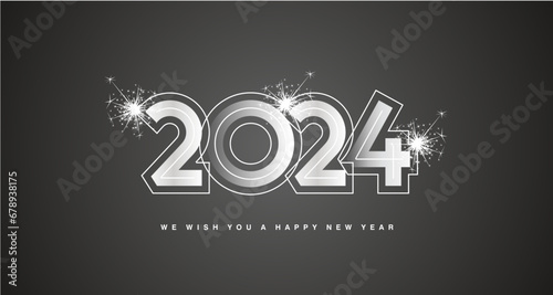 We wish you Happy New Year 2024 modern trendy design numbers with line neon numbers over and sparkle firework abstract white silver black greeting card