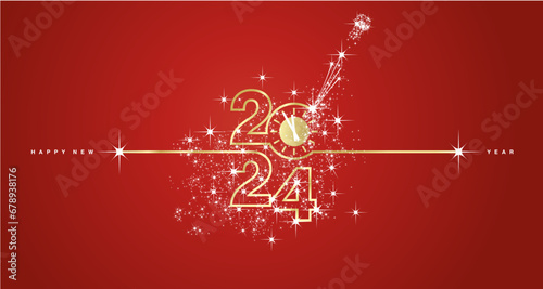 New Year 2024 shining line design typography with clock countdown and glitter sparkler firework golden white red background vector