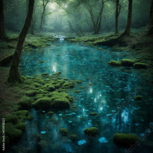 Whispers of Azure Enchantment: Mystical Springs in the Enchanted Twilight Forest © Alex
