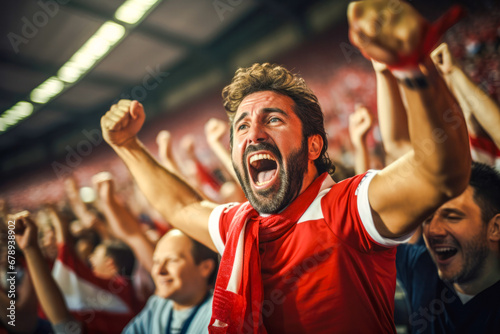 Enthusiastic male sports fan is fully immersed in the excitement of a soccer match with a high-energy crowd in background, her impassioned cheering shows the joy of sport