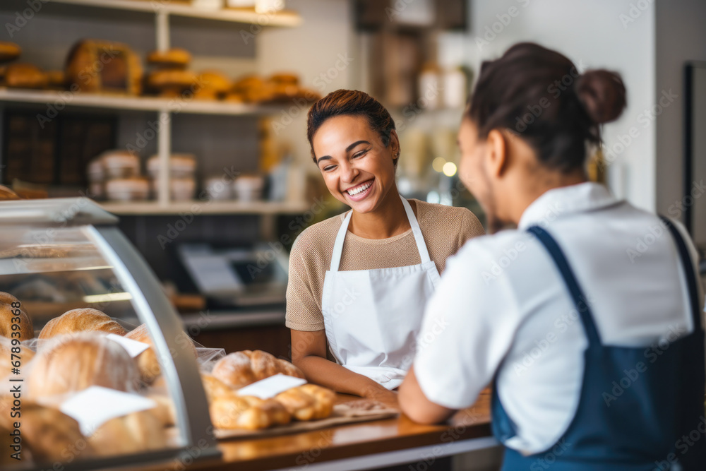 Proud and smiling female baker, who's also the shop owner, offering exemplary customer service as she hands a customer their order in her retail store