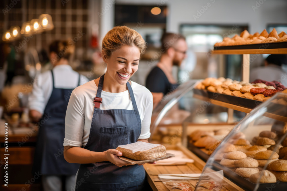 Proud and smiling female baker, who's also the shop owner, offering exemplary customer service as she hands a customer their order in her retail store