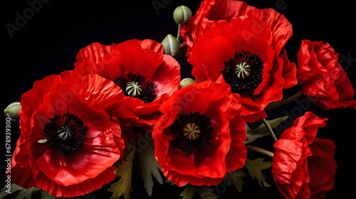 Beautiful red poppies on black background. Remembrance Day, Armistice Day symbol