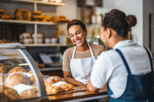 Proud and smiling female baker, who's also the shop owner, offering exemplary customer service as she hands a customer their order in her retail store