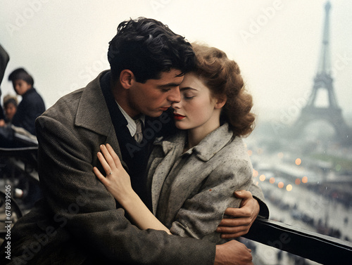 Fototapeta Naklejka Na Ścianę i Meble -  Romantic Lovers in Paris, Eiffel Tower in the Background, 1950s Style. Generative ai.