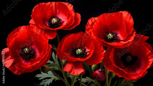 Beautiful red poppies on black background. Remembrance Day  Armistice Day symbol