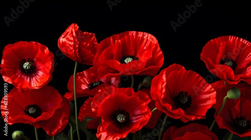 Beautiful red poppies on black background. Remembrance Day, Armistice Day symbol