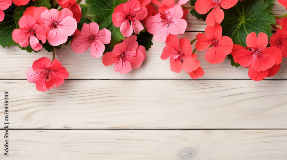 Geraniums on Wooden Background, Beautiful Flowers, Summer Floral, Copy Space. Generative AI