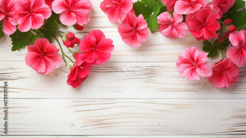 Geraniums on Wooden Background, Beautiful Flowers, Summer Floral, Copy Space. Generative AI