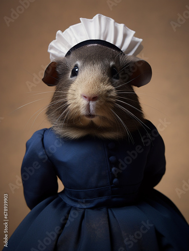 An Anthropomorphic Guinea Pig Dressed Up as a French Maid photo