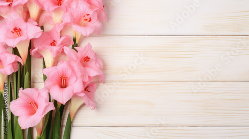 Gladiolus on Wooden Background, Beautiful Flowers, Summer Floral, Copy Space. Generative AI © BussarinK